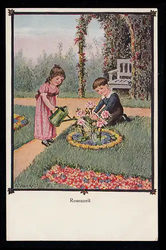Kinder-AK Rosenzeit - Mädchen und Junge bei der Gartenarbeit, ungebraucht