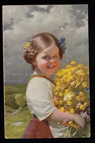 Kinder-AK Lächelndes Mädchen mit gelben Blumen vor Landschaft, ZÜRICH 15.9.1922