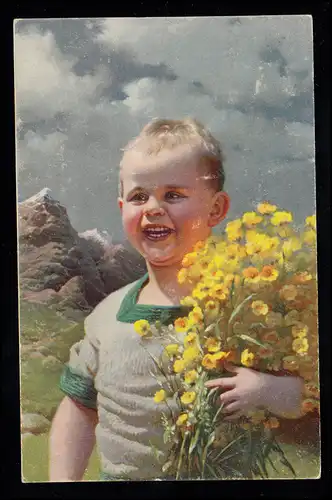 Enfants-AK Garçon souriant avec des fleurs jaunes avant la campagne NIEDERUZWIL 20.10.23