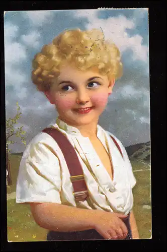 Enfants-AK Garçon souriant avec boucles blondes devant la campagne, KAPFENBERG 1922