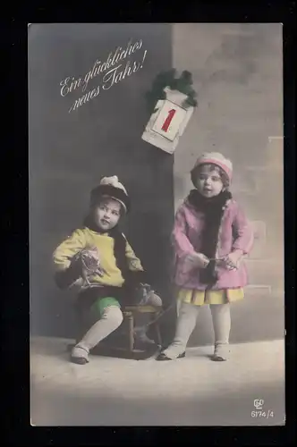 Kinder-AK Zwei Mädchen mit Schlitten Kalenderblatt 1. Januar, BIBERACH 31.12.19