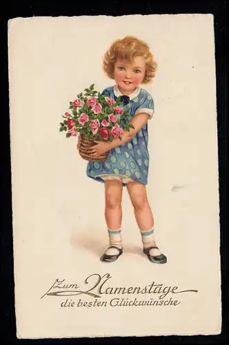 Jour de nom d'enfant AK: Fille souriante avec des roses, St. AEGYD sur NEWALDE, MARKT