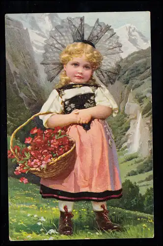 Kinder-AK Trachten-Mädchen mit Blumen, Feldpost SSt VELTEN (MARK) 17.1.1.943