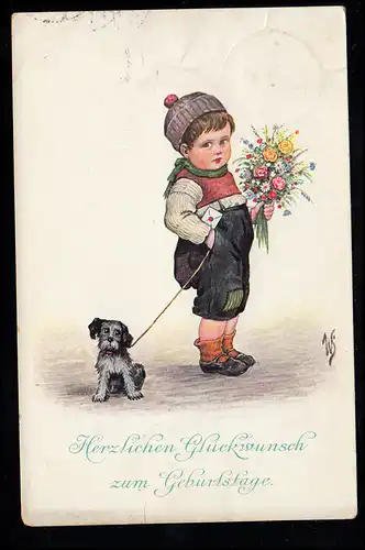 AK pour enfants Anniversaire: garçon avec chien et bouquet de fleurs, MINDE (WESTF.)