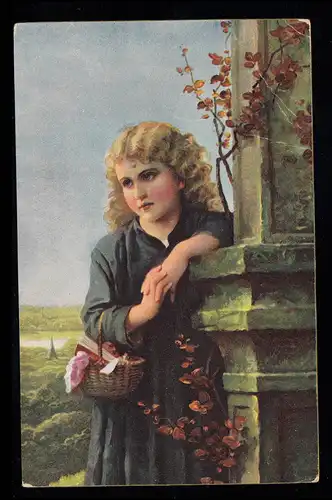 Kinder-AK Meyer von Bergen: Nur eine Meile noch Erschöpftes Mädchen am Wegekreuz