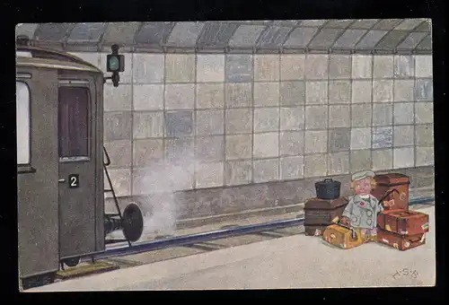 Karikatur-AK Verpasste Eisenbahn - Mädchen mit Koffer auf Bahngleis, ungebraucht
