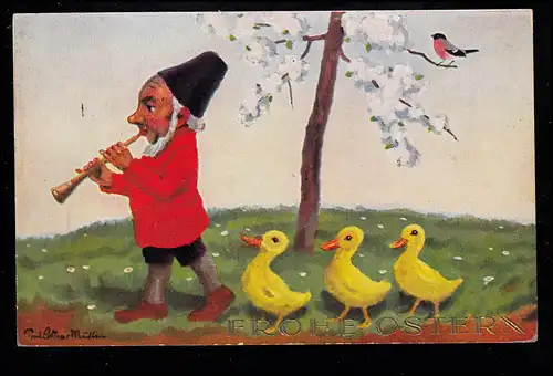 Caricature AK Pâques: Les trois drôles de petit nain avec flûte STUTTGART 20.4.36