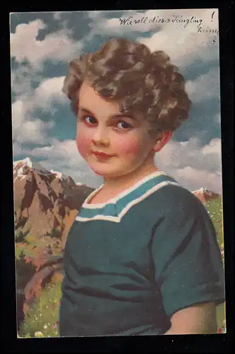 Kinder-AK Jungenportrait vor Alpenlandschaft, Novolito-Karte, geschrieben 1921