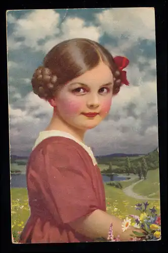 Kinder-AK Mädchenportrait vor Landschaft, Novolito-Karte, geschrieben 28.5.1930