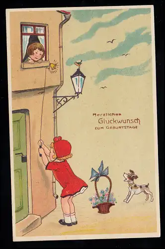 AK pour enfants Anniversaire: Fille avec des fleurs sonne à l'enfant d'anniversaires, 1929