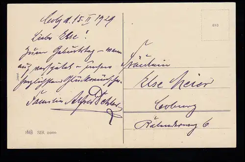 Kinder-AK Geburtstag: Mädchen mit Blumen klingelt beim Geburtstagskind, 1929