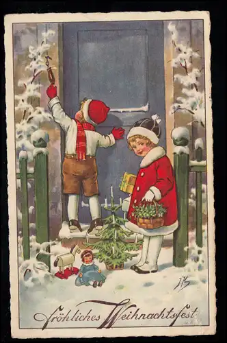 Enfants-AK Noël: Sonner à la porte: Nous apportons des cadeaux! 22.12.1934