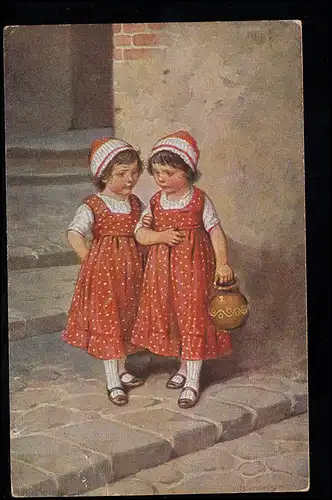 Kinder-AK R. Borrmeister: Zwilinge - Mädchen im roten Kleid, ZÜRICH SELNAU 1920