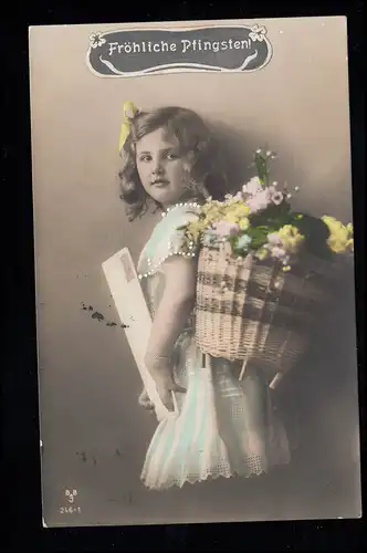 Kinder-AK Pfingsten: Mädchen mit Korb auf dem Rücken voller Blumen, ST. GALLEN