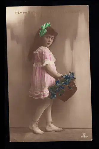 Jour de nom pour les enfants: Fille avec boucle et panier avec fleurs, BONZONOURG 1925