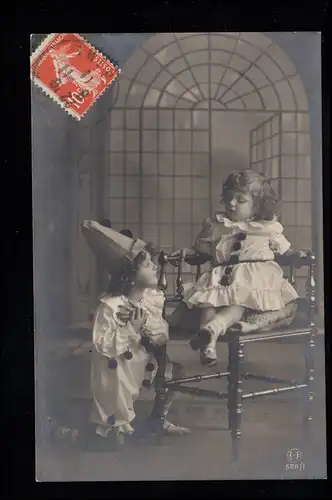 Kinder-AK Theaterspiele - Junge als Harlekin, Frankatur bildseitig 8.11.1911