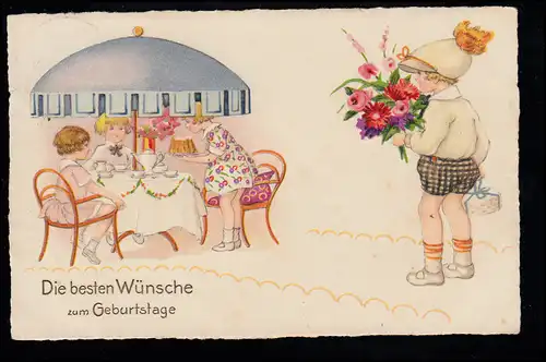 Kinder-AK Geburtstag: Neuer Gast mit Blumen und Geschenk, HOMBERG 21.3.1930