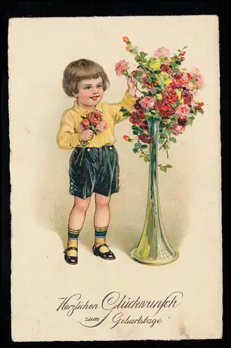 Kinder-AK Geburtstag: Junge mit riesiger Vase für Rosen, RODEWALD 14.9.1929