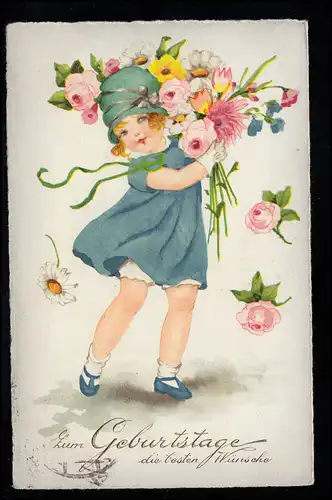 Anniversaire d'enfants-AK: Fille en robe verte et avec des roses, DRESDEN 3.3.28