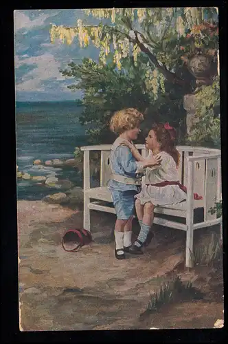 Kinder-AK Sei mit gut! - Treffen auf der Bank am Meer, BAD NAUHEIM 6.6.1921