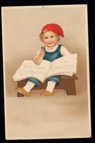 Anniversaire d'enfants-AK: Garçon avec bonnet rouge sur le banc de pieds, BREMEN 17.5.1915