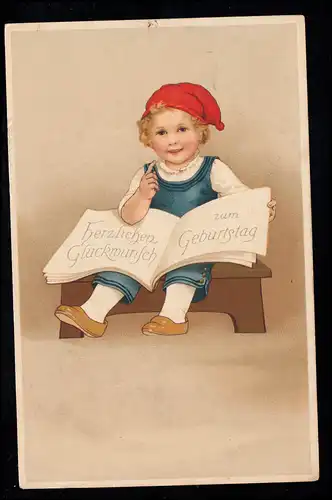 Kinder-AK Geburtstag: Junge mit roter Mütze auf der Fußbank, BREMEN 17.5.1915