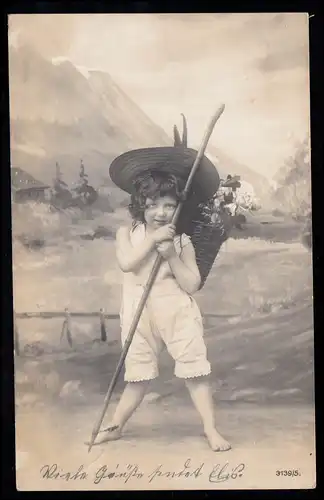 Kinder-AK Barfüssiger Junge mit Stock und Korb vor Berglandschaft, KIRCHWEIDACH