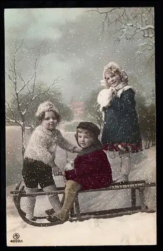 Enfants-AK Trois filles sur une traîneau, carte postale locale BRESLAU 1910