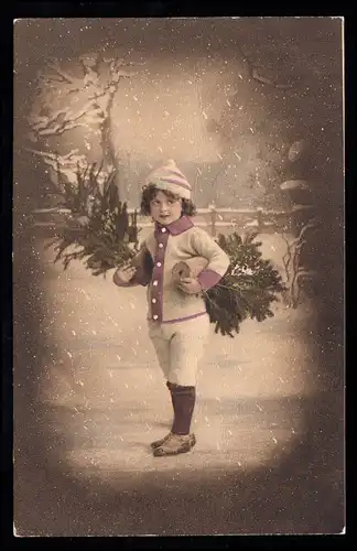 Enfants-AK Noël: garçon avec deux petits arbres de Noël, inutilisé