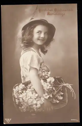 Kinder-AK Namenstag: Lächelndes Mädchen mit Blumenkorb, WALSDEE (WÜRTT.) 1913