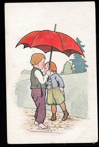 AK pour enfants Le baiser sous le parapluie rouge, édition Jobst, inutilisé