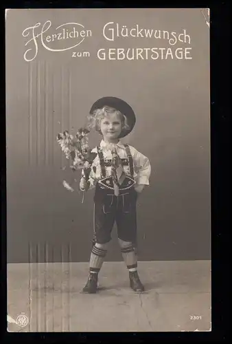AK pour enfants Anniversaire: Les garçons en cuir chapeau fleurs, censure WÜRZBURG 8.11.1915