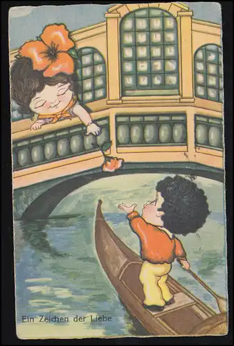 Kinder-AK In Venedig gibt Mädchen eine Rose an Freund, der Gondoliere, Wien 1941