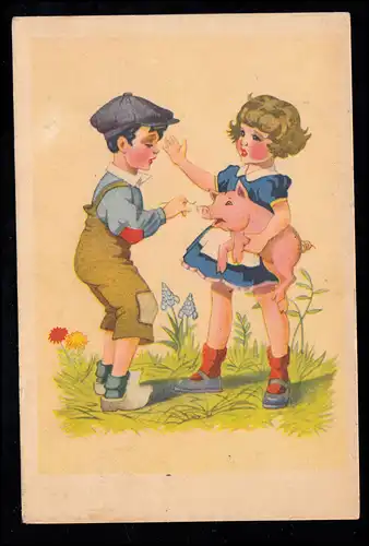 Enfants-AK La gifle: Le garçon ennuie les filles avec du porc sur le bras, 7.9.1944