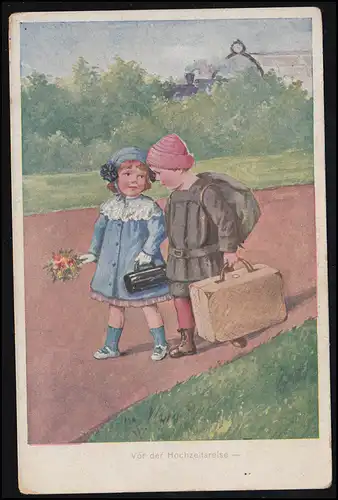 Enfants-AK Fille et garçon avec des bagages - Avant la lune de miel, étiquetés