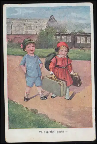 Enfants-AK Fille et garçon avec bagages - Après la lune de miel, 20.1919