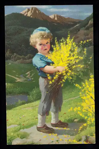 Enfants-AK Garçon avec branches jaunes avant paysage alpin, marqué 1927