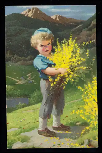 Kinder-AK Junge mit gelben Zweigen vor Alpenlandschaft, beschriftet 1927