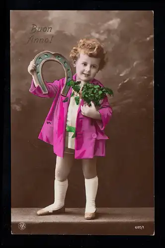 Kinder-AK Neujahr: Mädchen mit rosa Jacke Hufeisen Glücksklee, BELLINZONA 1930