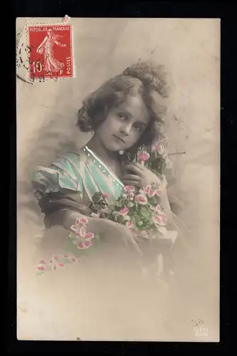 Frankreich Kinder-AK Träumendes Mädchen mit Blumen, coloriert, GAND 4.2.1910