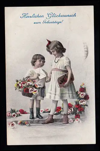 Kinder-AK Geburtstag: Mädchen und Junge mit Geschenken, HANNOVER 23.7.1925
