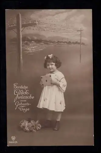 Anniversaire d'enfants AK: Fille avec carte de félicitations, GEISWEID (Cr. SIGEN) 1920