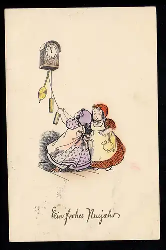 Kinder-AK Neujahr: Zwei Mädchen ziehen zu Silvester an der Pendeluhr, CÖLN 1913