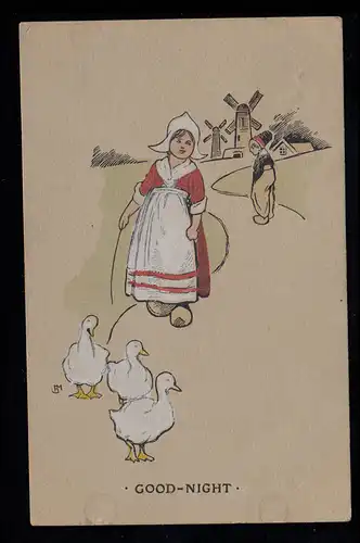 Enfants-AK Bonne nuit! Fille Jeune oie moulin à vent, MAIDA-HILL W. 10.9.1912