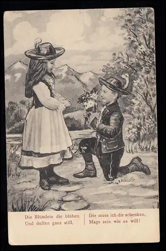 K.WURTT. BAHNPOST 1917 sur les enfants-AK costumes garçon à genoux devant les filles poème,