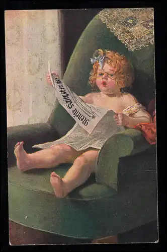 Kinder-AK Mädchen mit Brille liest Zeitung auf dem Sofa, BAD NEUHEIM 22.9.1917