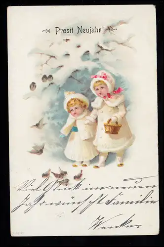 Enfants-AK Deux filles en hiver pour nourrir les oiseaux, DRESDEN-ALTVADT 1901