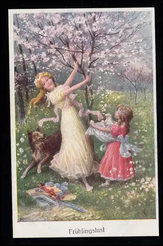 Enfants-AK Désir de printemps: Deux filles avec chien à la récolte des fleurs, inutilisé