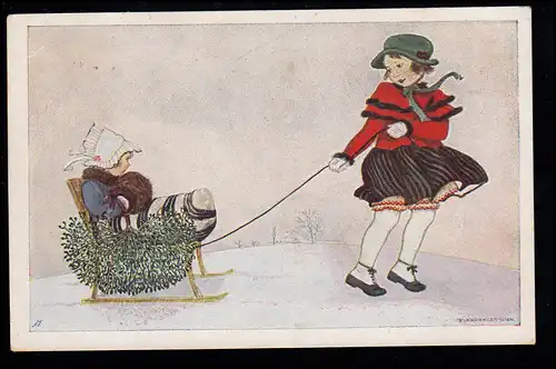 Kinder-AK Mädchen zieht Schlitten mit Kind,  MÜRZZUSCHLAG 3a 19.12.1921