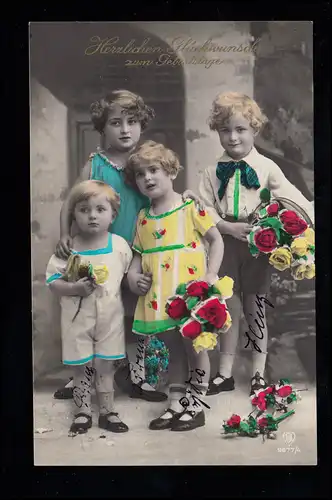 Kinder-AK Geburtstag: Vier Kinder wollen Gratulieren, ESSEN-DELLWIG 25.11.1927